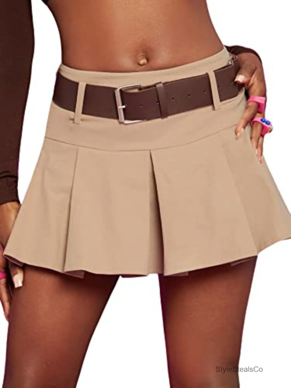 Pleated Stretch Tennis Skater Mini Skirt with Belt Low Waist A-Line